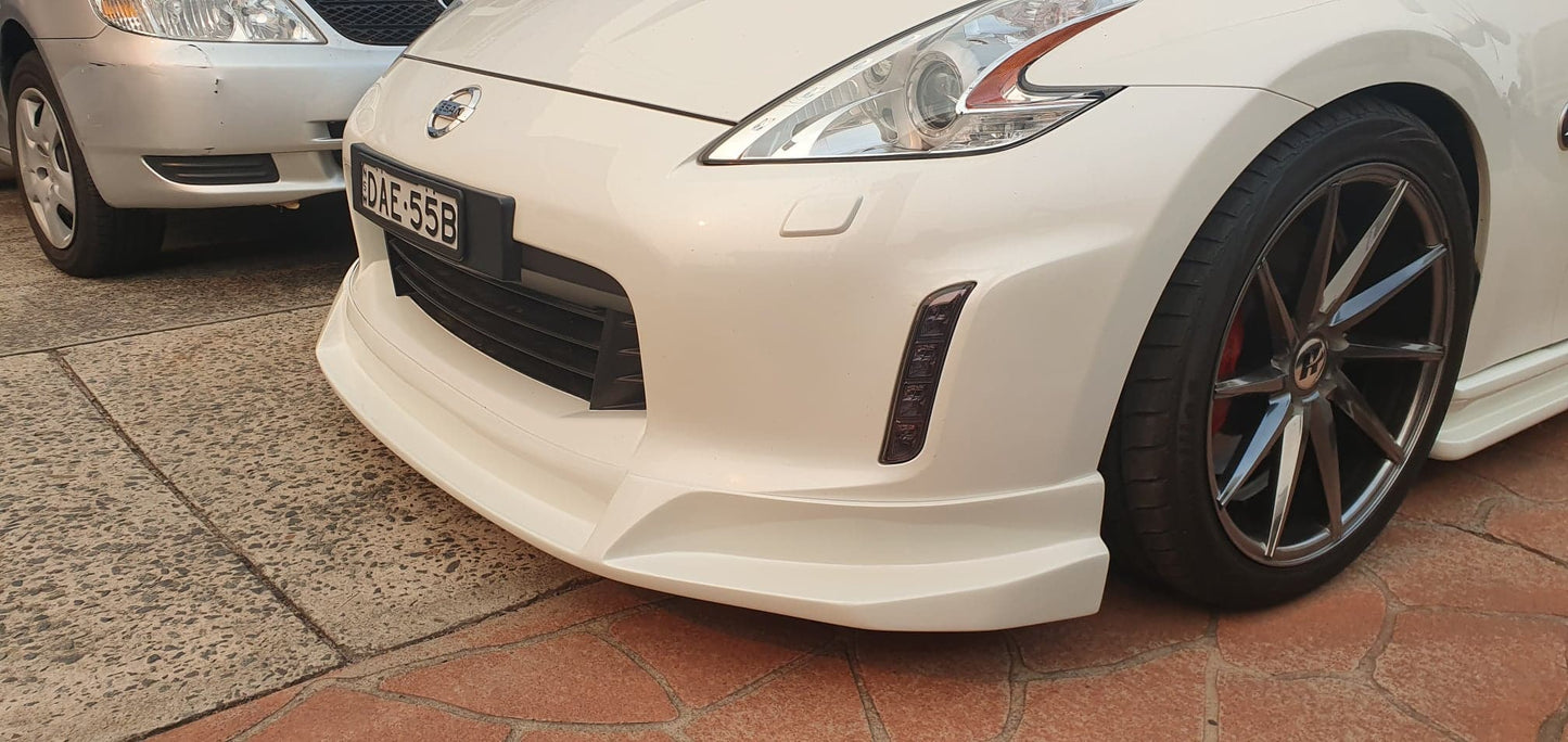 JSAI AERO SLR Kouki style front lip for Nissan 370Z front angle view, premium aftermarket aero body kit component improving airflow, front bumper performance, and track-ready stance.