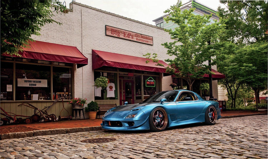 1993 Mazda RX-7 FD3S Vertex style full body kit by JSAI Aero including front bumper side skirts and rear bumper