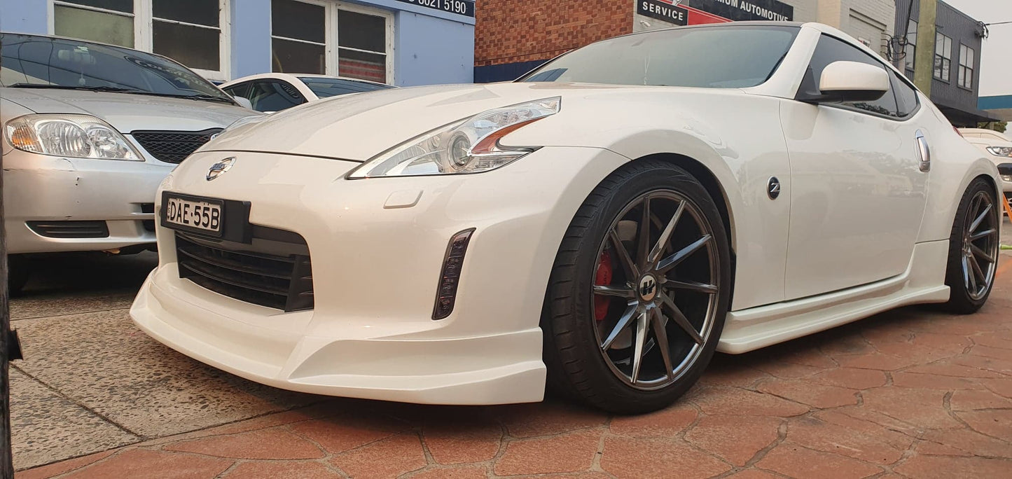 JSAI AERO SLR Kouki style front lip for Nissan 370Z side profile view, premium aftermarket aero body kit component improving airflow, aggressive stance, and performance build aesthetics.