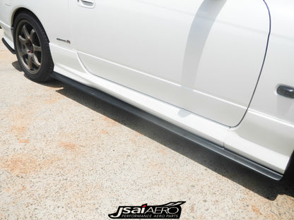 Side profile of Nissan S15 200SX Silvia fitted with JSAI AERO side skirt extensions, aftermarket aero body kit upgrade enhancing aggressive styling and aerodynamic performance.