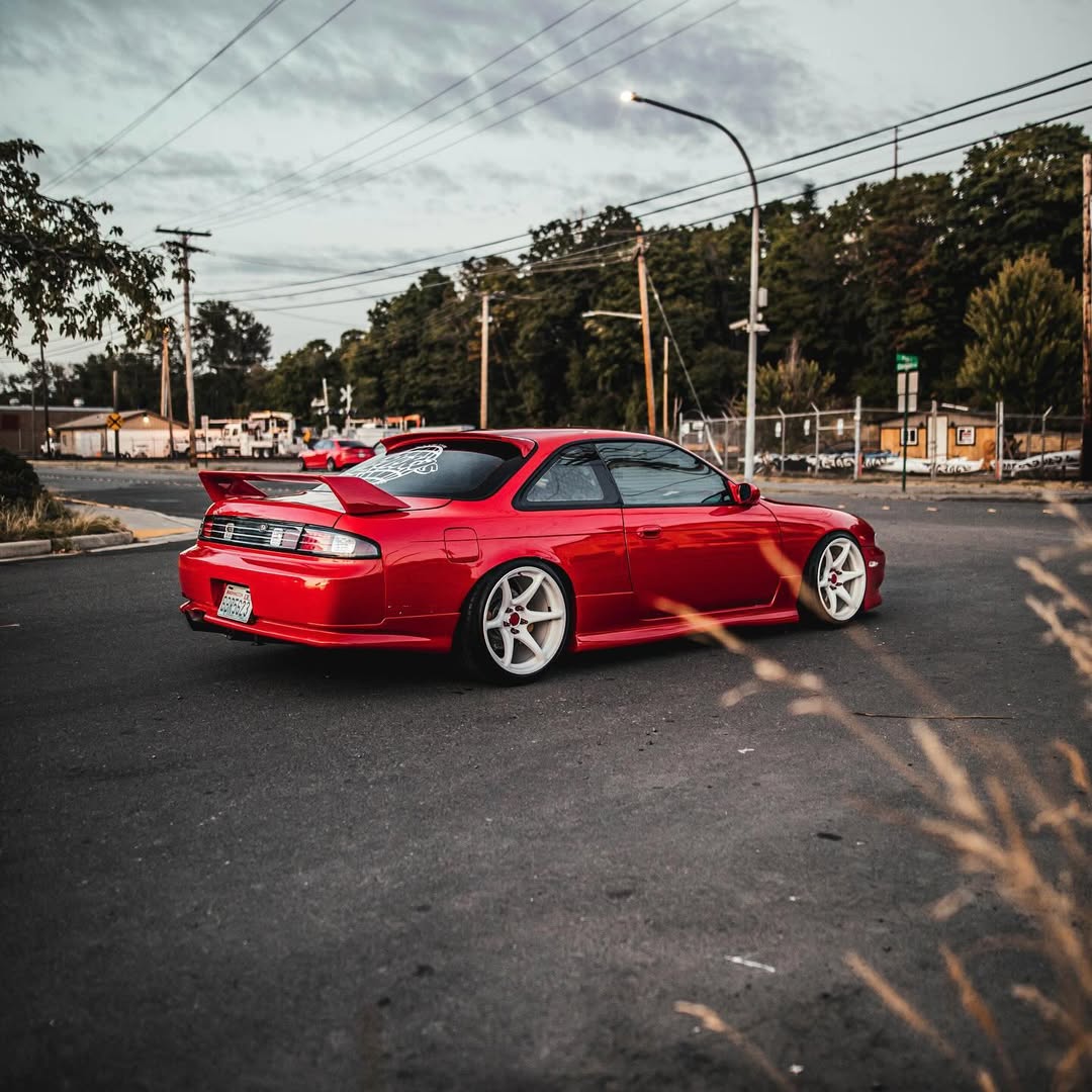 Nissan Silvia S14 fitted with JSAI AERO front bumper, side skirts and rear aero enhancements, showcasing a modified performance build with aggressive styling and aerodynamic upgrades.