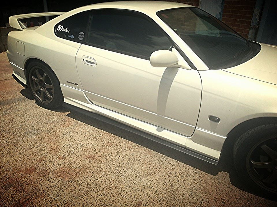 Nissan S15 200SX Silvia fitted with JSAI AERO side skirt extensions body kit, improving stance, aerodynamics and aggressive JDM performance styling.
