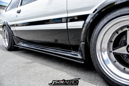 Toyota AE86 Levin Trueno Zenki style side skirts by JSAI Aero, aftermarket body kit upgrade for classic JDM Sprinter enhancing side profile and styling