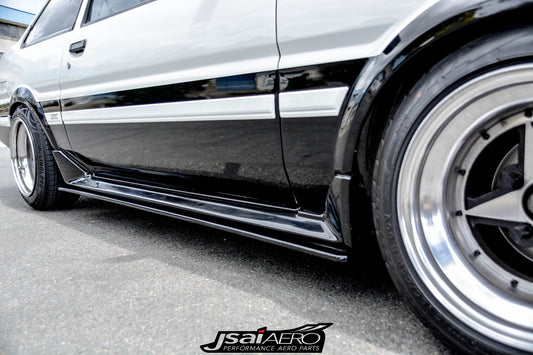 Toyota AE86 Levin Trueno Zenki style side skirts by JSAI Aero, aftermarket body kit upgrade for classic JDM Sprinter enhancing side profile and styling