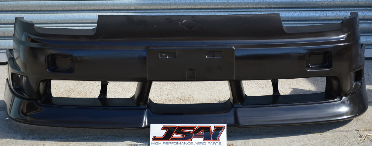 Front view of JSAI Aero black front bumper bar with wide air vents and mounting plate area for performance cars