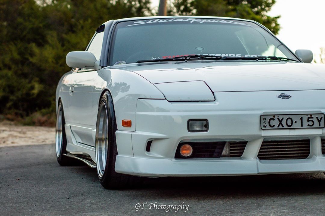 White Nissan 180SX S13 with JSAI Aero performance front bumper and aero body kit
