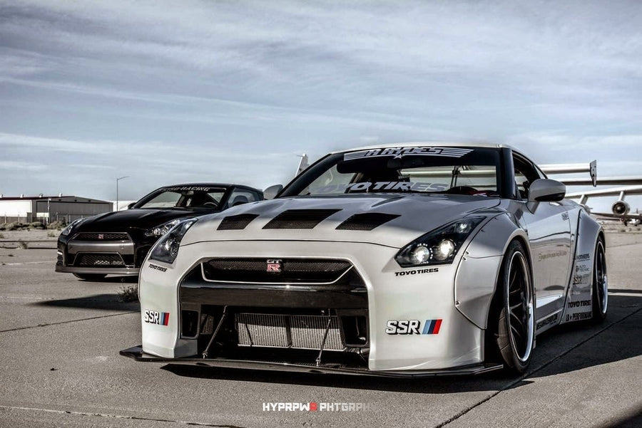 Widebody Nissan GT-R R35 with JSAI Aero front splitter and performance aero body kit