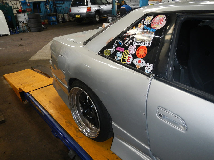 Nissan S13 Silvia with JSAI Aero 50mm rear over fenders installed performance aero body kit