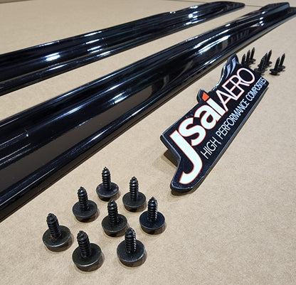 Close-up of JSAI Aero side skirts pair with mounting screws and logo black aftermarket side skirt extensions body kit