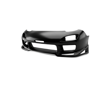 Three-quarter view of a Mazda FD3S RX-7 front bar by JSAI Aero, premium JDM front bumper with large air intakes and lower lip styling for street, drift and track builds.