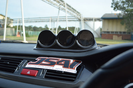 Mitsubishi Evo CT9A Ralliart gauge pod mounted on dashboard for aftermarket gauge installation and performance interior upgrade
