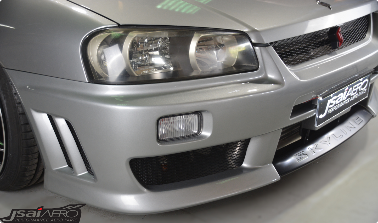 Nissan R34 Altia style front bumper aftermarket body kit angled view