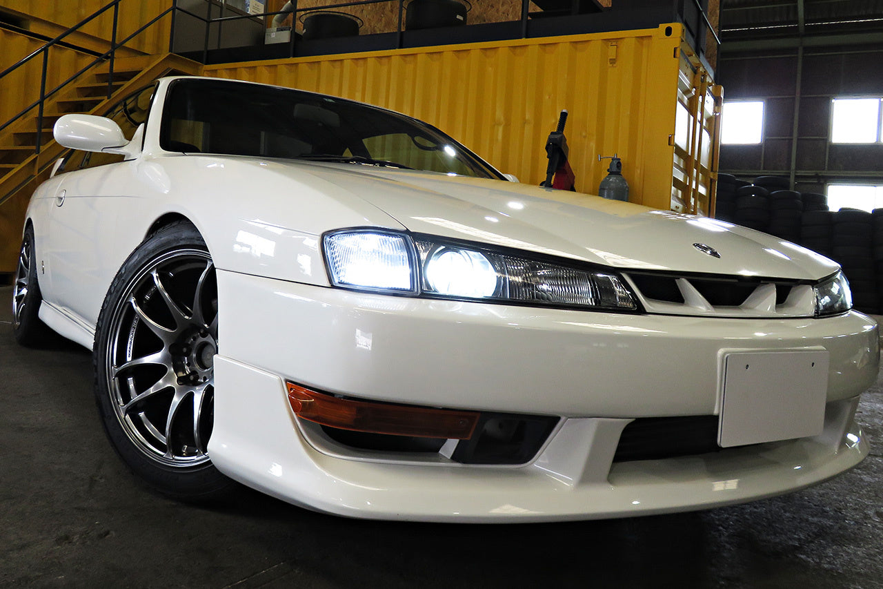 JSAI Aero Nissan S14 JDM Kouki style front lip angled view showcasing aerodynamic profile precise fitment and aggressive styling for performance street and track builds