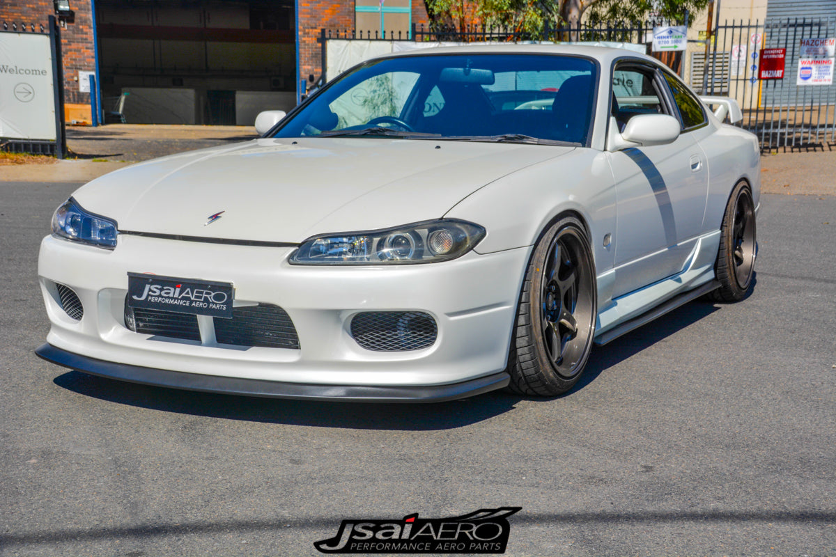 JSAI Aero Nissan S15 200SX Silvia extension kit front angle view showcasing enhanced aerodynamics extended body styling and aggressive performance look for street and track builds