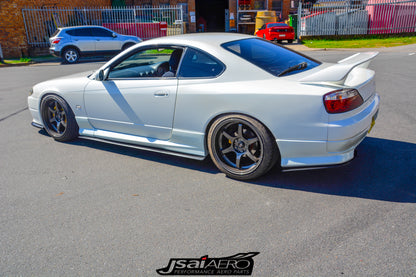 JSAI Aero Nissan S15 200SX Silvia extension kit side view showcasing extended body lines aerodynamic enhancement and aggressive styling for performance street and track builds