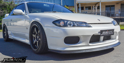 JSAI Aero Nissan S15 200SX Silvia OE front lip spoiler angled view showcasing aerodynamic design precise fitment and aggressive front styling for performance builds
