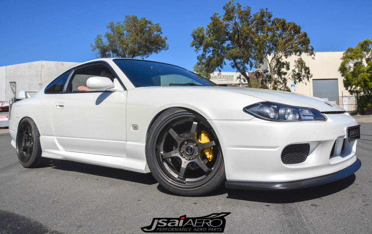 JSAI Aero Nissan S15 200SX Silvia OE front lip spoiler fitment view showcasing seamless installation aerodynamic enhancement and aggressive front end styling for performance builds