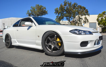JSAI Aero Nissan S15 200SX Silvia OE front lip spoiler fitment view showcasing seamless installation aerodynamic enhancement and aggressive front end styling for performance builds