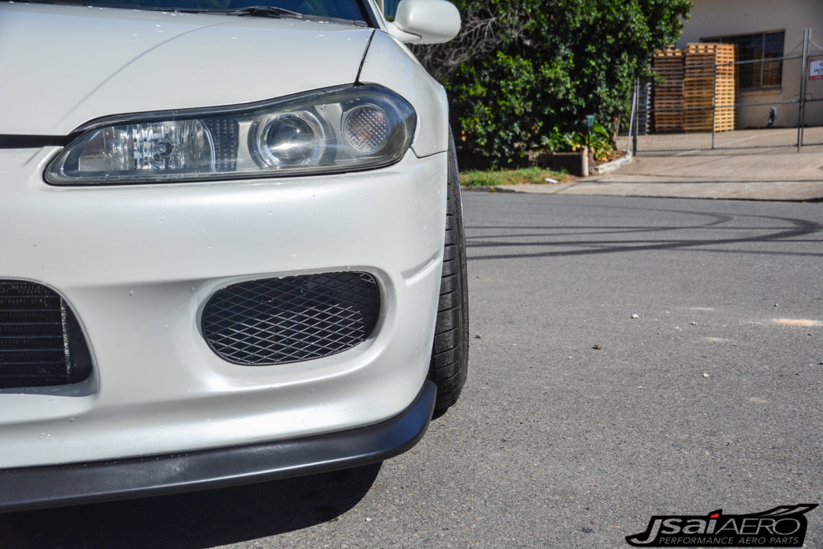 JSAI Aero Nissan S15 200SX Silvia OE front lip spoiler side view showcasing aerodynamic profile smooth fitment and aggressive styling for street and track performance builds