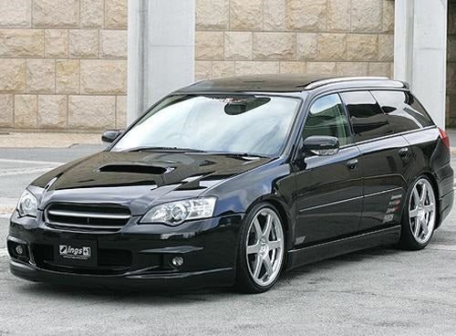 Black Subaru BP5 Legacy wagon with JSAI Aero front bar, side skirts, and rear lip aftermarket body kit installed