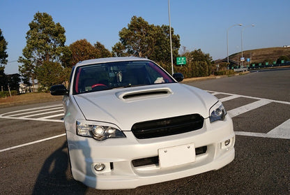 White Subaru Legacy BL5 BP5 with JSAI Aero front lip aftermarket body kit front view installed