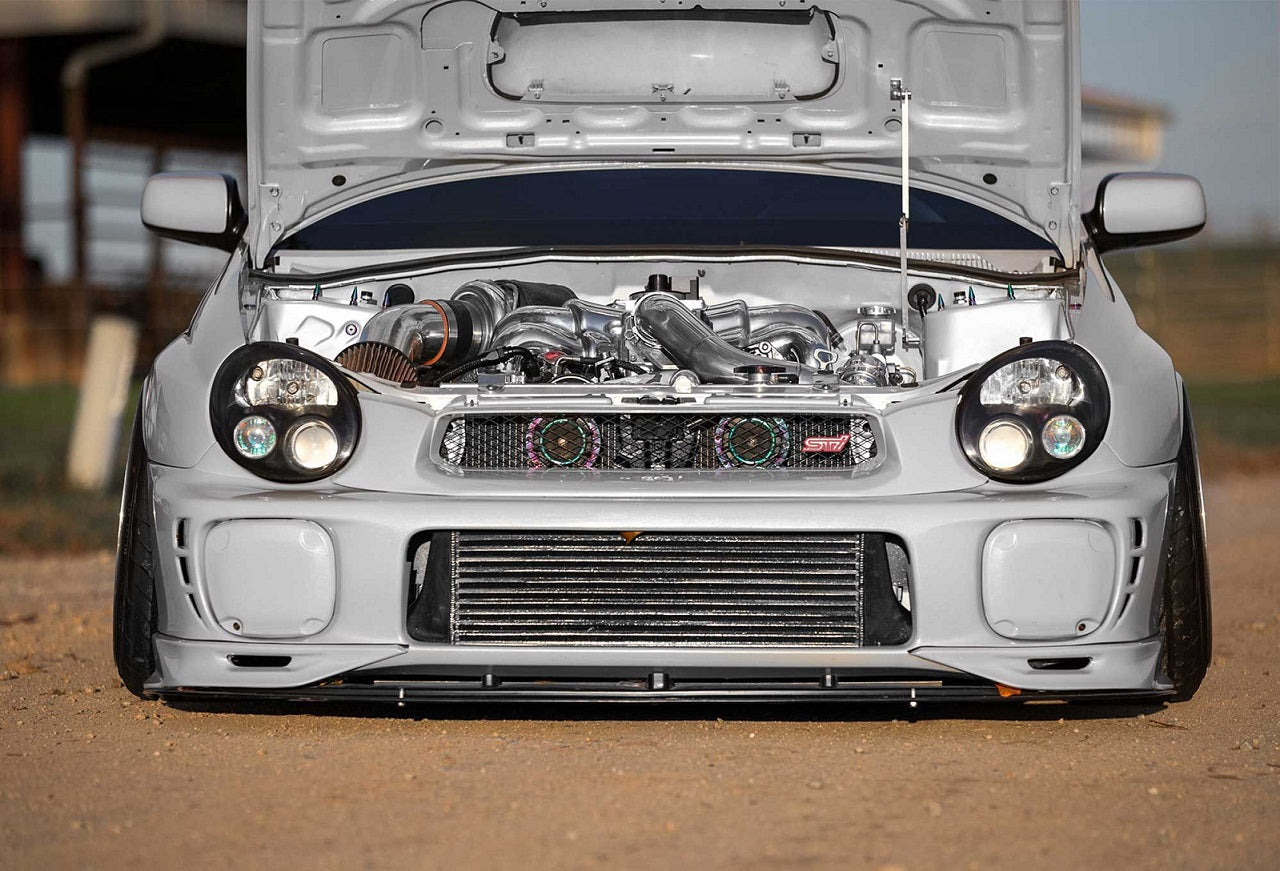 Subaru WRX bugeye MY01 MY02 3 piece front lip by JSAI Aero aftermarket front bumper lip angle view