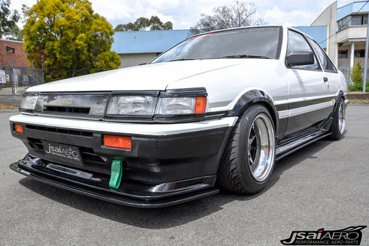 Toyota AE86 Levin Trueno Zenki style kit extensions by JSAI Aero, aftermarket body kit components for classic JDM Sprinter enhancing exterior styling and fitment