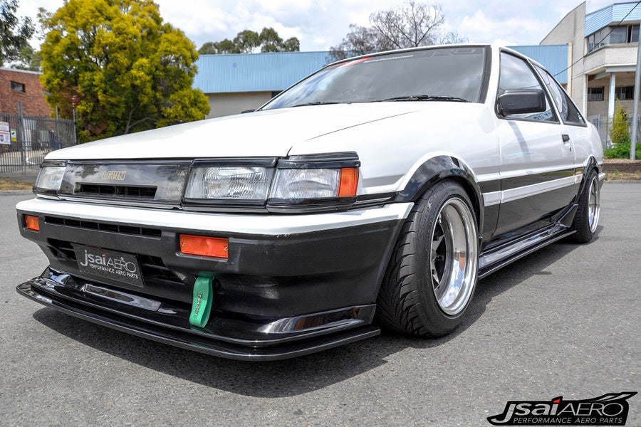 Toyota AE86 Levin Trueno Zenki style kit extensions by JSAI Aero, aftermarket body kit components for classic JDM Sprinter enhancing exterior styling and fitment